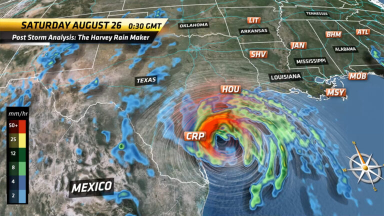A Chyron Weather graphic sequence showing radar-based precipitation, wind, and local city icons