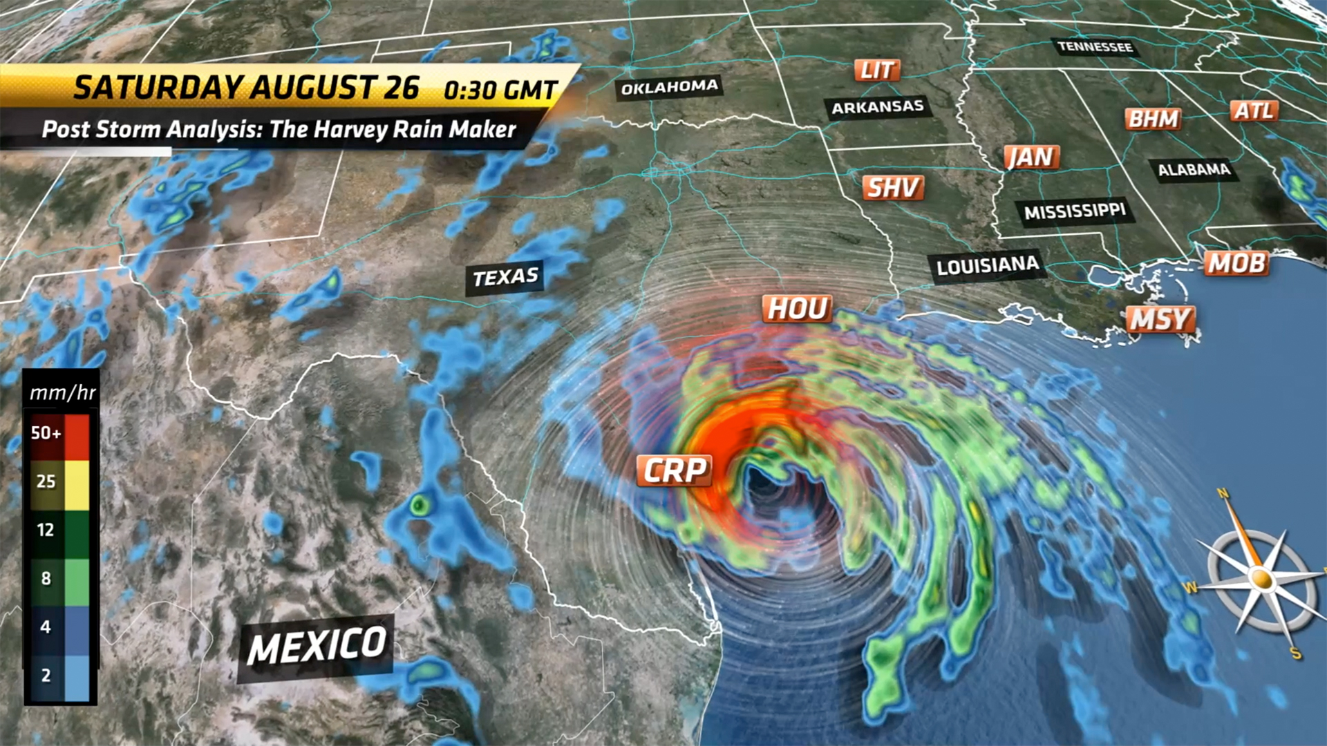 A Chyron Weather graphic sequence showing radar-based precipitation, wind, and local city icons