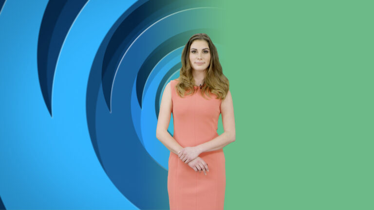 A green screen chroma-keying into a virtual Chyron background