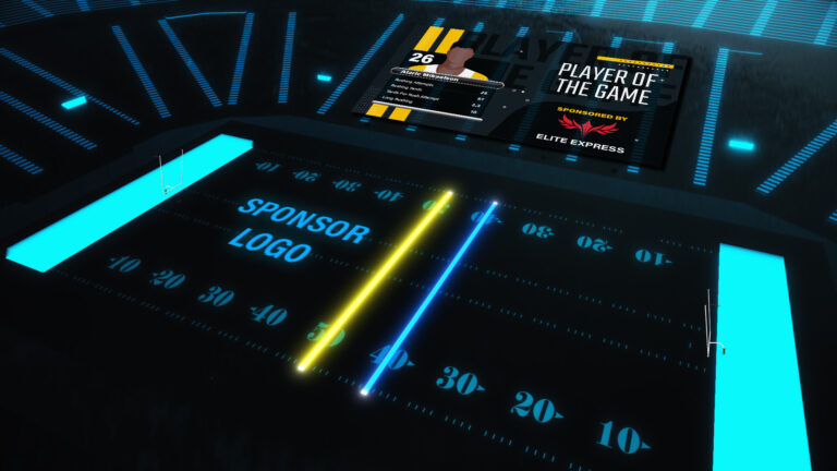 Virtual football broadcast graphic featuring Chyron’s Virtual Placement technology. Includes real-time down and distance lines, a customizable sponsor logo on the field, and a 'Player of the Game' graphic placement on the stands.